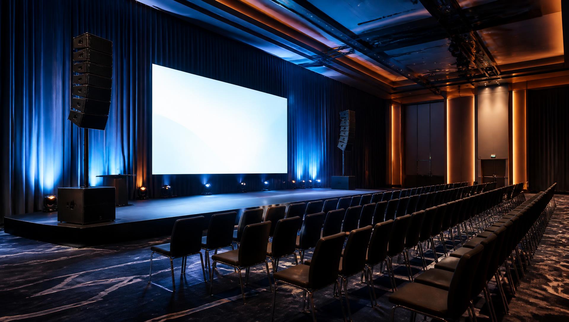 Ballroom set for a corporate event with projection screen, speakers, and stage lighting